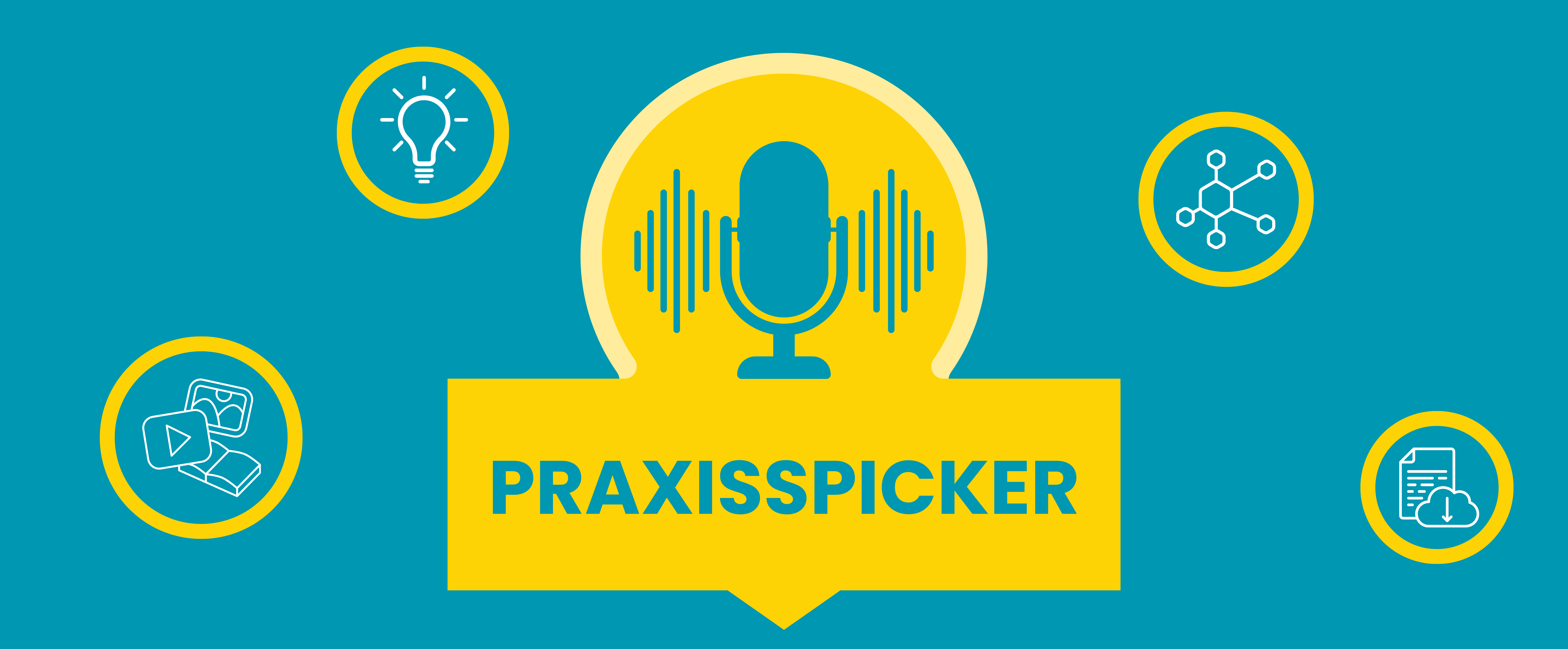 Auf türkisfarbenen Hintergrund steht in gelber Schrift: Praxisspicker. Über dem Wort ist ein Podcast-Mikrofon zu sehen. Links und rechts sind runde Icons zu sehen. 