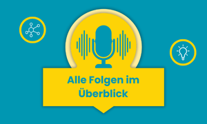 Zu sehen ist ein Podcast-Mikro und zwei Icons, die eine Glühbirne und ein Netzwerk zeigen. In einem gelben Kasten steht geschrieben: Alle Folgen im Überblick.